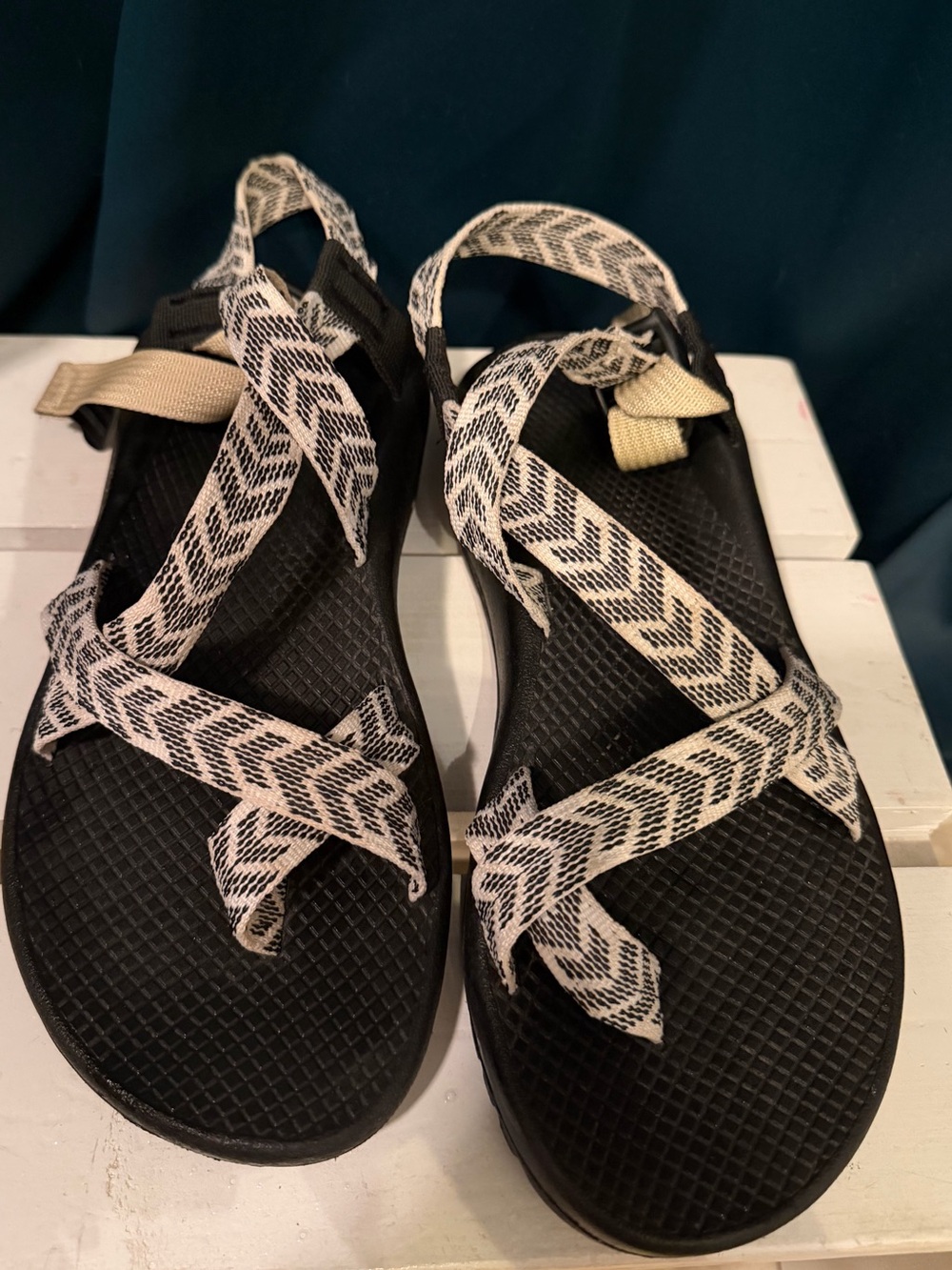 Chaco Black Sandal with Cream and White Patterned Straps - Picture 2 of 4